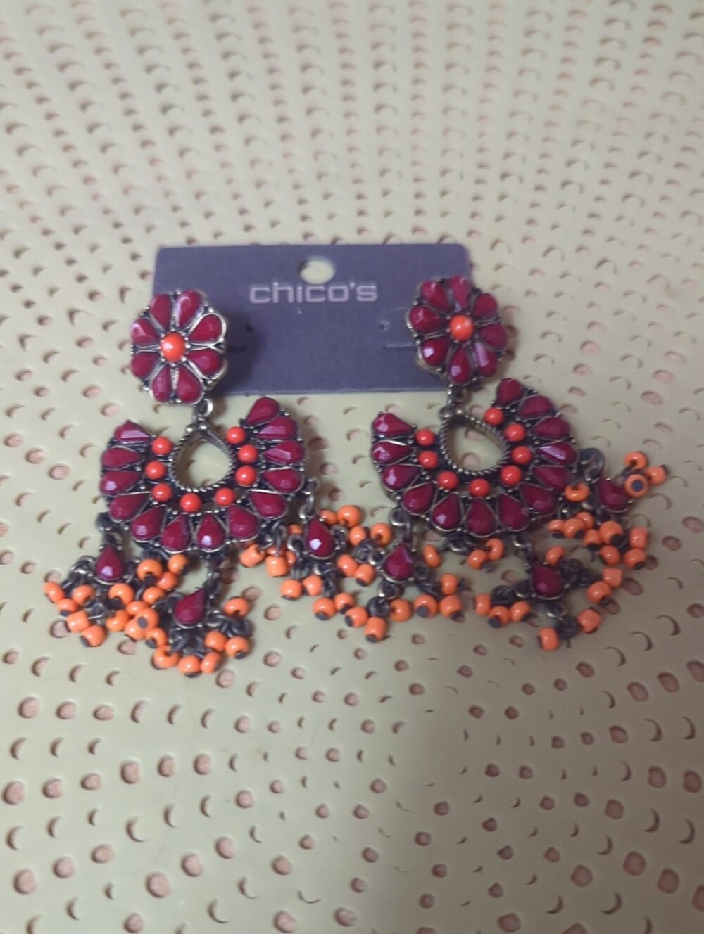 Chico's Burgandy and Irange Beaded Chandelier Earrings